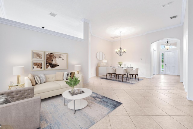 1415 SE Legacy Cove Cir, Stuart, FL 34997 - living area with a chandelier, arched walkways, ornamental molding, and light tile patterned floors
