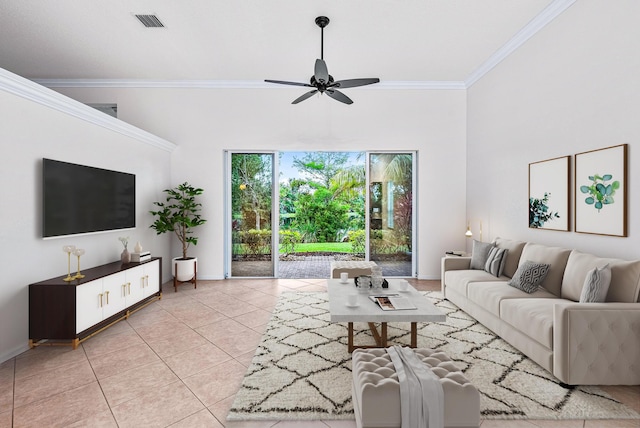 1415 SE Legacy Cove Cir, Stuart, FL 34997 - living room featuring ceiling fan, light tile patterned flooring, and ornamental molding