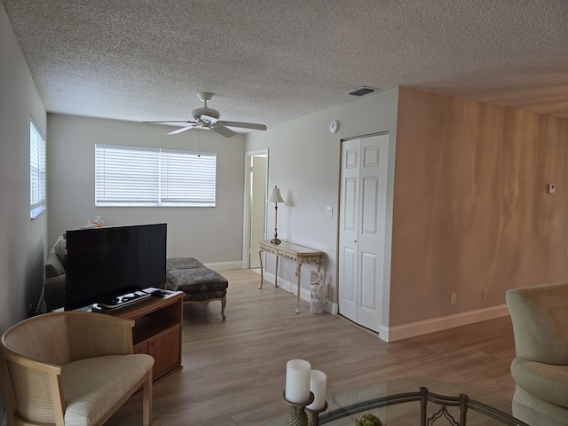 143 Lake Barbara Dr, West Palm Beach, FL 33411 - sitting room with light wood finished floors, a textured ceiling, ceiling fan, and baseboards