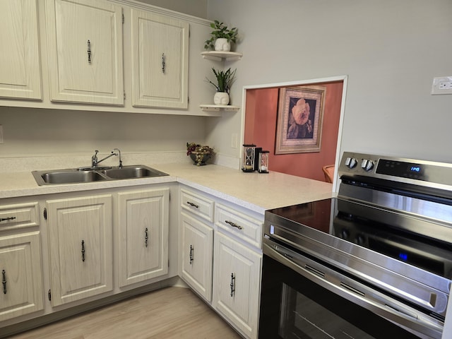 143 Lake Barbara Dr, West Palm Beach, FL 33411 - kitchen featuring electric stove, a sink, open shelves, and light countertops