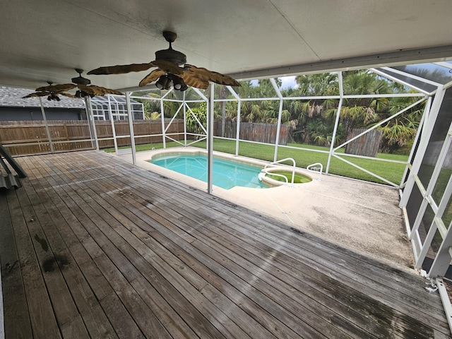 3817 SW Cheribon St, Port Saint Lucie, FL 34953 - view of pool with a wooden deck, a lanai, ceiling fan, and a pool with connected hot tub