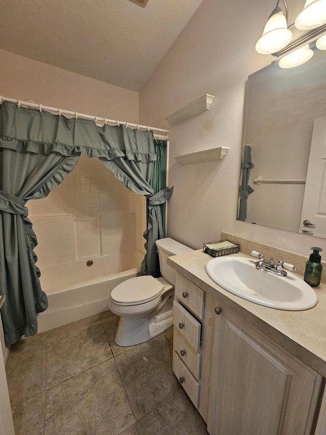 3817 SW Cheribon St, Port Saint Lucie, FL 34953 - bathroom featuring shower / bath combination with curtain, vaulted ceiling, vanity, toilet, and tile patterned floors