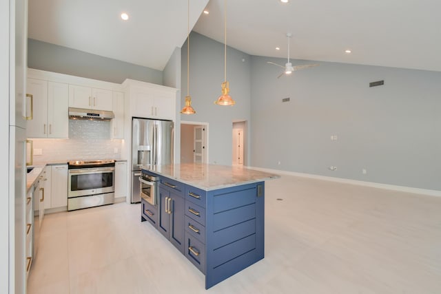 438 River Edge Rd, Jupiter, FL 33477 - kitchen featuring appliances with stainless steel finishes, under cabinet range hood, white cabinetry, high vaulted ceiling, and decorative backsplash
