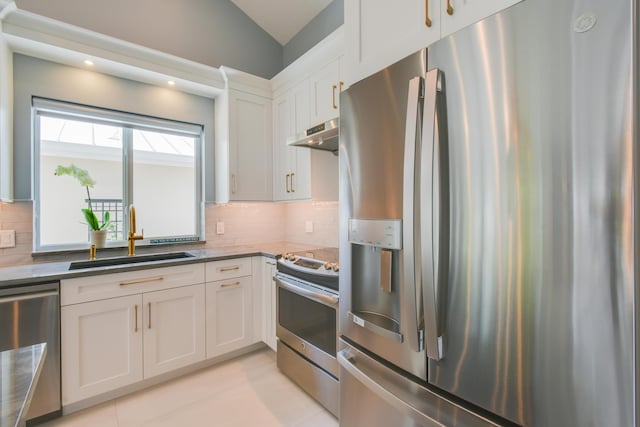 438 River Edge Rd, Jupiter, FL 33477 - kitchen with appliances with stainless steel finishes, a sink, under cabinet range hood, tasteful backsplash, and white cabinets