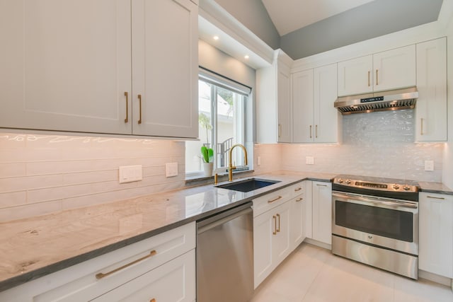 438 River Edge Rd, Jupiter, FL 33477 - kitchen with stainless steel appliances, under cabinet range hood, a sink, vaulted ceiling, and light stone countertops