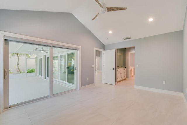 438 River Edge Rd, Jupiter, FL 33477 - spare room featuring a ceiling fan, baseboards, high vaulted ceiling, recessed lighting, and light tile patterned floors
