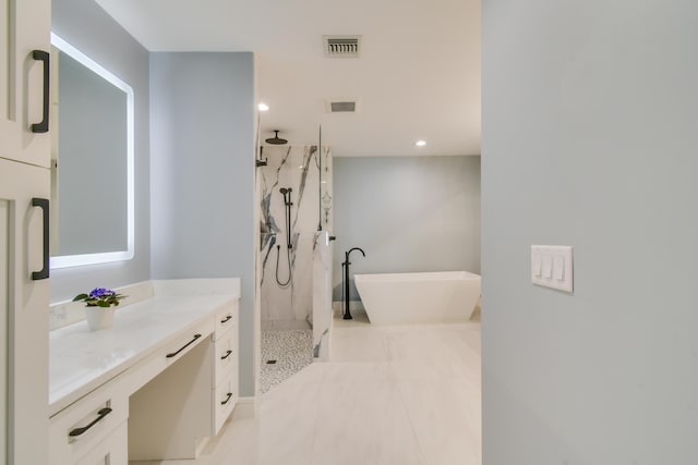 438 River Edge Rd, Jupiter, FL 33477 - full bathroom with vanity, a marble finish shower, a freestanding tub, tile patterned flooring, and recessed lighting