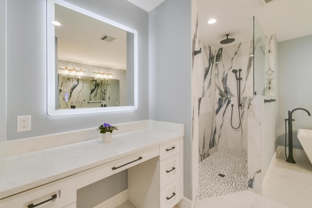 438 River Edge Rd, Jupiter, FL 33477 - full bath with a marble finish shower, vanity, a freestanding tub, and recessed lighting