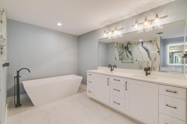 438 River Edge Rd, Jupiter, FL 33477 - full bathroom featuring double vanity, a freestanding bath, a marble finish shower, baseboards, and recessed lighting