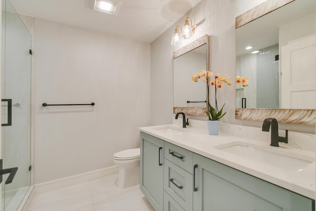 438 River Edge Rd, Jupiter, FL 33477 - full bathroom featuring double vanity, a shower stall, toilet, baseboards, and tile patterned floors
