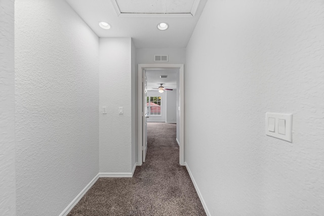 5554 Boynton Gardens Dr, Boynton Beach, FL 33437 - hall with carpet, a textured wall, baseboards, attic access, and recessed lighting