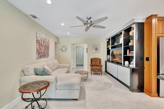 519 SE Brookside Ter, Port Saint Lucie, FL 34983 - living area featuring ceiling fan, recessed lighting, light tile patterned flooring, baseboards, and built in features