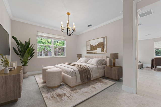 6825 Pointe Of Woods Dr, West Palm Beach, FL 33413 - bedroom with a chandelier, crown molding, baseboards, and light carpet
