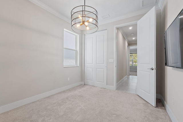 6825 Pointe Of Woods Dr, West Palm Beach, FL 33413 - unfurnished dining area with ornamental molding, light carpet, a chandelier, and baseboards