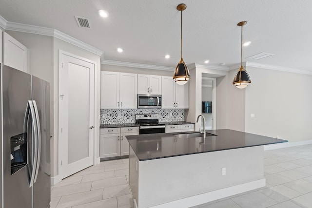 6825 Pointe Of Woods Dr, West Palm Beach, FL 33413 - kitchen featuring appliances with stainless steel finishes, a sink, dark countertops, light tile patterned flooring, and decorative backsplash