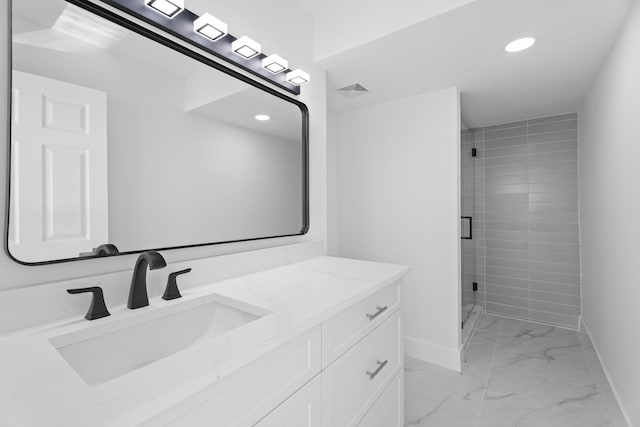 7420 S Ocean Dr Unit 314, Jensen Beach, FL 34957 - bathroom with vanity, marble look tile flooring, a stall shower, recessed lighting, and baseboards