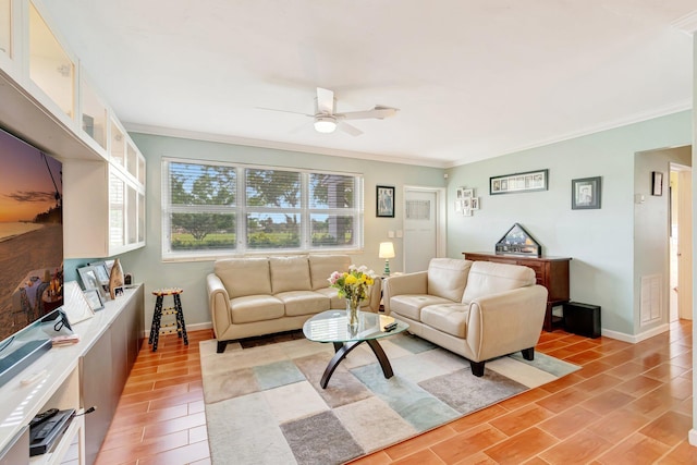 320 Summa St, West Palm Beach, FL 33405 - living room with a ceiling fan, crown molding, and baseboards