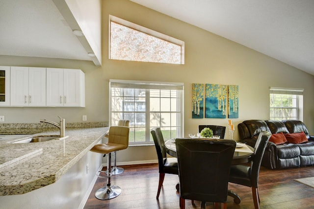 13134 Quiet Woods Rd Unit A, Wellington, FL 33414 - dining space featuring dark wood-type flooring, baseboards, and high vaulted ceiling