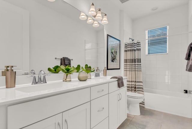 13330 Machiavelli Way, Palm Beach Gardens, FL 33418 - full bath with double vanity, shower / bath combo with shower curtain, toilet, tile patterned floors, and a chandelier
