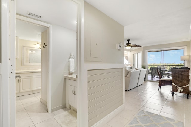 275 Palm Ave Unit A406, Jupiter, FL 33477 - bathroom featuring vanity, tile patterned floors, a ceiling fan, and electric panel