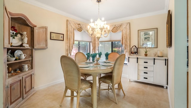 21596 Magdalena Ter, Boca Raton, FL 33433 - dining area featuring a chandelier, light tile patterned floors, ornamental molding, and baseboards