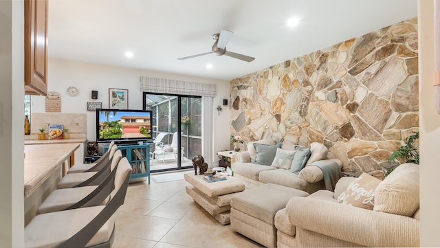 21596 Magdalena Ter, Boca Raton, FL 33433 - living room with a ceiling fan, light tile patterned floors, and recessed lighting