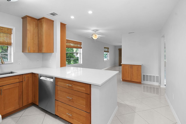 2600 SE Ocean Blvd Unit S15, Stuart, FL 34996 - kitchen with dishwasher, a peninsula, light countertops, a ceiling fan, and recessed lighting