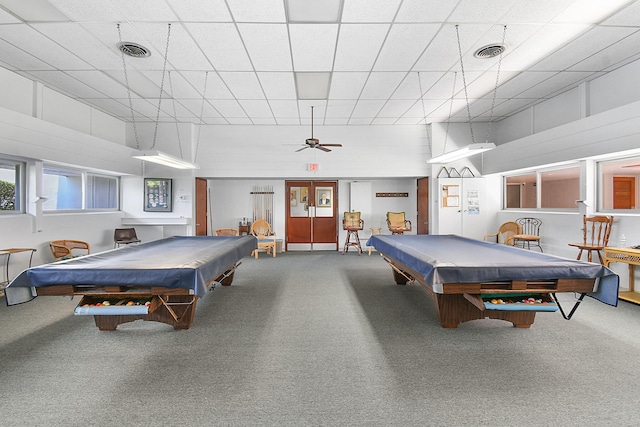 2600 SE Ocean Blvd Unit S15, Stuart, FL 34996 - playroom featuring billiards, carpet, a high ceiling, ceiling fan, and a drop ceiling
