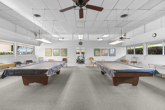 2600 SE Ocean Blvd Unit S15, Stuart, FL 34996 - game room featuring billiards table, carpet flooring, a ceiling fan, a paneled ceiling, and a high ceiling