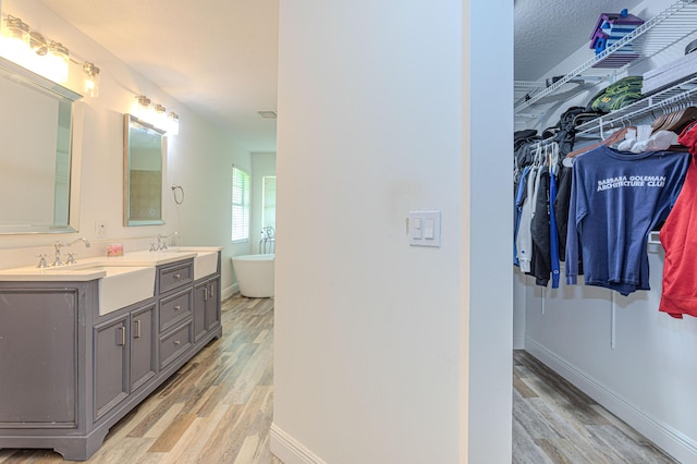 16330 Wiltshire Dr E, Loxahatchee, FL 33470 - bathroom with wood finished floors, double vanity, a soaking tub, and a walk in closet