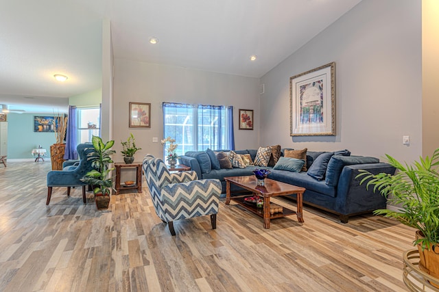 16330 Wiltshire Dr E, Loxahatchee, FL 33470 - living room with light wood-style flooring, vaulted ceiling, and recessed lighting