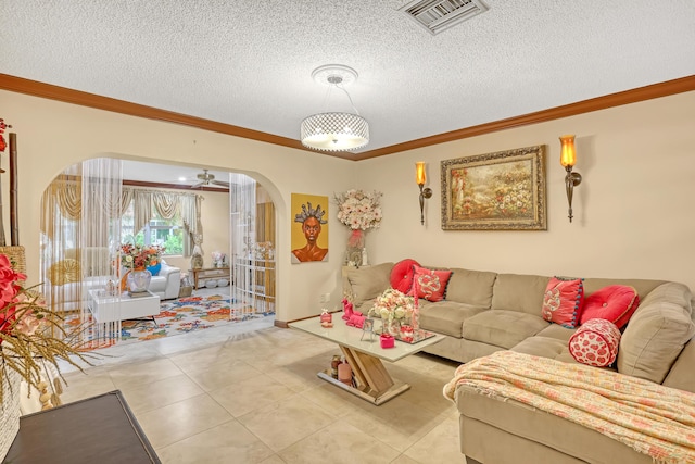 5780 W Fernley Dr Unit 101, West Palm Beach, FL 33415 - tiled living area with arched walkways, crown molding, and a textured ceiling