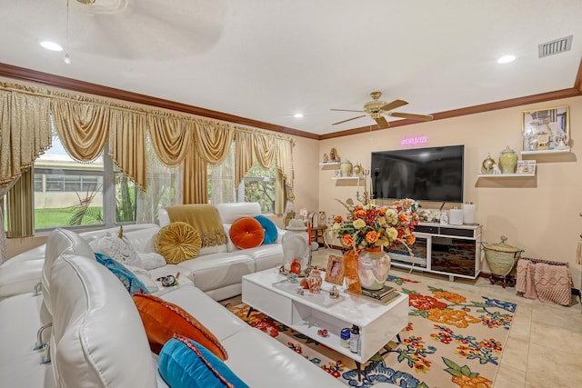 5780 W Fernley Dr Unit 101, West Palm Beach, FL 33415 - tiled living room featuring ceiling fan, ornamental molding, and recessed lighting