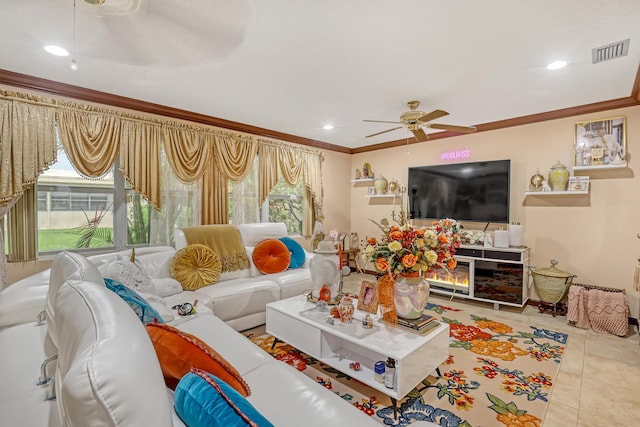 5780 W Fernley Dr Unit 101, West Palm Beach, FL 33415 - tiled living area with a ceiling fan, crown molding, and recessed lighting
