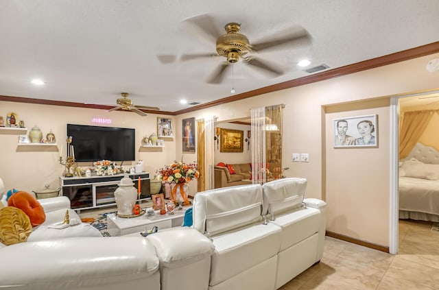 5780 W Fernley Dr Unit 101, West Palm Beach, FL 33415 - living area featuring ceiling fan, crown molding, light tile patterned floors, and recessed lighting