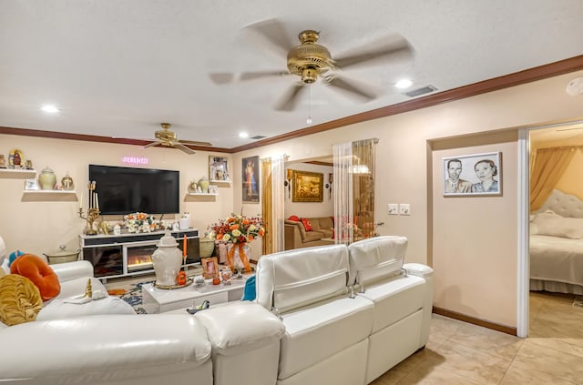 5780 W Fernley Dr Unit 101, West Palm Beach, FL 33415 - living room featuring ceiling fan, ornamental molding, recessed lighting, and light tile patterned floors