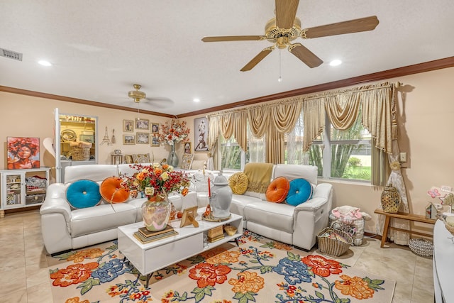 5780 W Fernley Dr Unit 101, West Palm Beach, FL 33415 - living room featuring a ceiling fan, plenty of natural light, ornamental molding, tile patterned floors, and recessed lighting