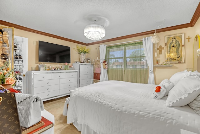 5780 W Fernley Dr Unit 101, West Palm Beach, FL 33415 - bedroom featuring a textured ceiling, ornamental molding, light tile patterned flooring, and a chandelier