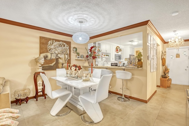 5780 W Fernley Dr Unit 101, West Palm Beach, FL 33415 - dining room featuring crown molding, a textured ceiling, a chandelier, light tile patterned floors, and baseboards