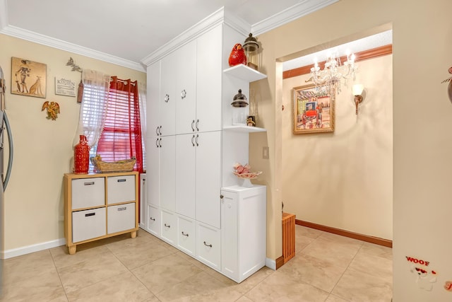 5780 W Fernley Dr Unit 101, West Palm Beach, FL 33415 - hallway with ornamental molding, a chandelier, light tile patterned floors, and baseboards