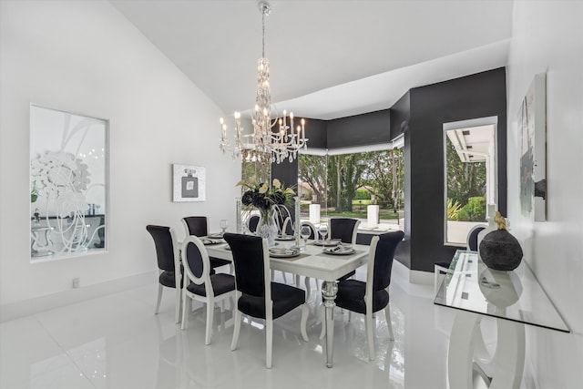 8076 Twin Lake Dr, Boca Raton, FL 33496 - tiled dining room featuring a chandelier, vaulted ceiling, and baseboards