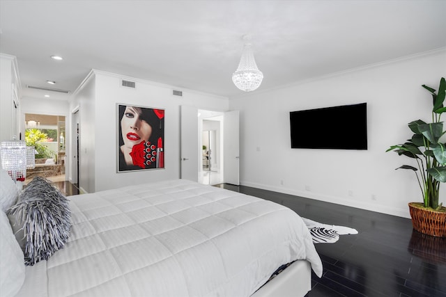 8076 Twin Lake Dr, Boca Raton, FL 33496 - bedroom with crown molding, a chandelier, wood finished floors, baseboards, and recessed lighting