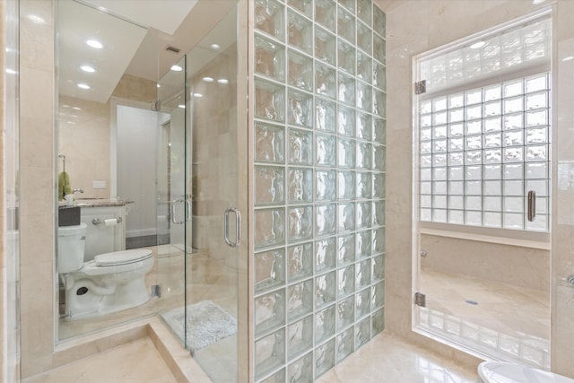 8076 Twin Lake Dr, Boca Raton, FL 33496 - bathroom with toilet, a stall shower, and tile patterned flooring