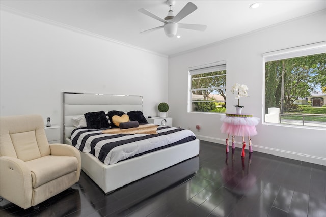 8076 Twin Lake Dr, Boca Raton, FL 33496 - bedroom with crown molding, baseboards, recessed lighting, dark wood-style flooring, and ceiling fan