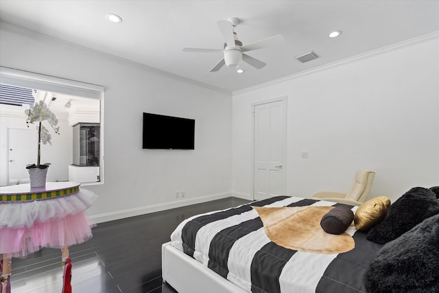8076 Twin Lake Dr, Boca Raton, FL 33496 - bedroom with crown molding, dark wood-style floors, recessed lighting, ceiling fan, and baseboards