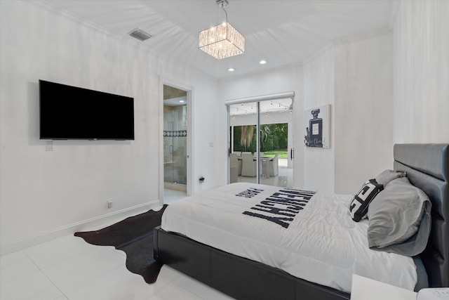 8076 Twin Lake Dr, Boca Raton, FL 33496 - bedroom featuring a chandelier, access to exterior, ensuite bathroom, tile patterned floors, and recessed lighting