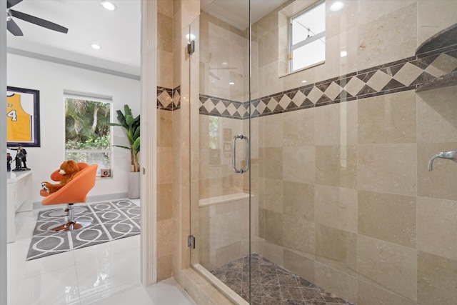 8076 Twin Lake Dr, Boca Raton, FL 33496 - full bath with a stall shower, a ceiling fan, and recessed lighting