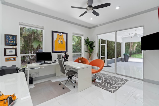 8076 Twin Lake Dr, Boca Raton, FL 33496 - home office featuring a ceiling fan, crown molding, and recessed lighting