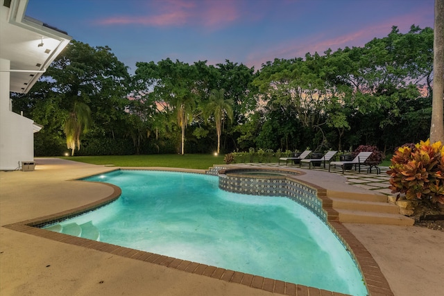 8076 Twin Lake Dr, Boca Raton, FL 33496 - pool at dusk with a patio area, a pool with connected hot tub, and view of wooded area