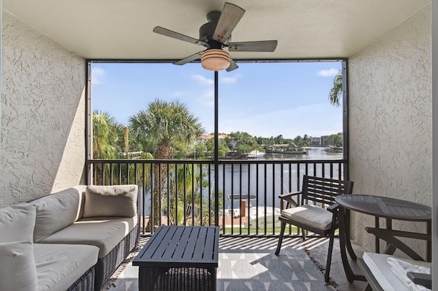 22 Royal Palm Way Unit 205, Boca Raton, FL 33432 - balcony featuring a water view, a ceiling fan, and outdoor lounge area